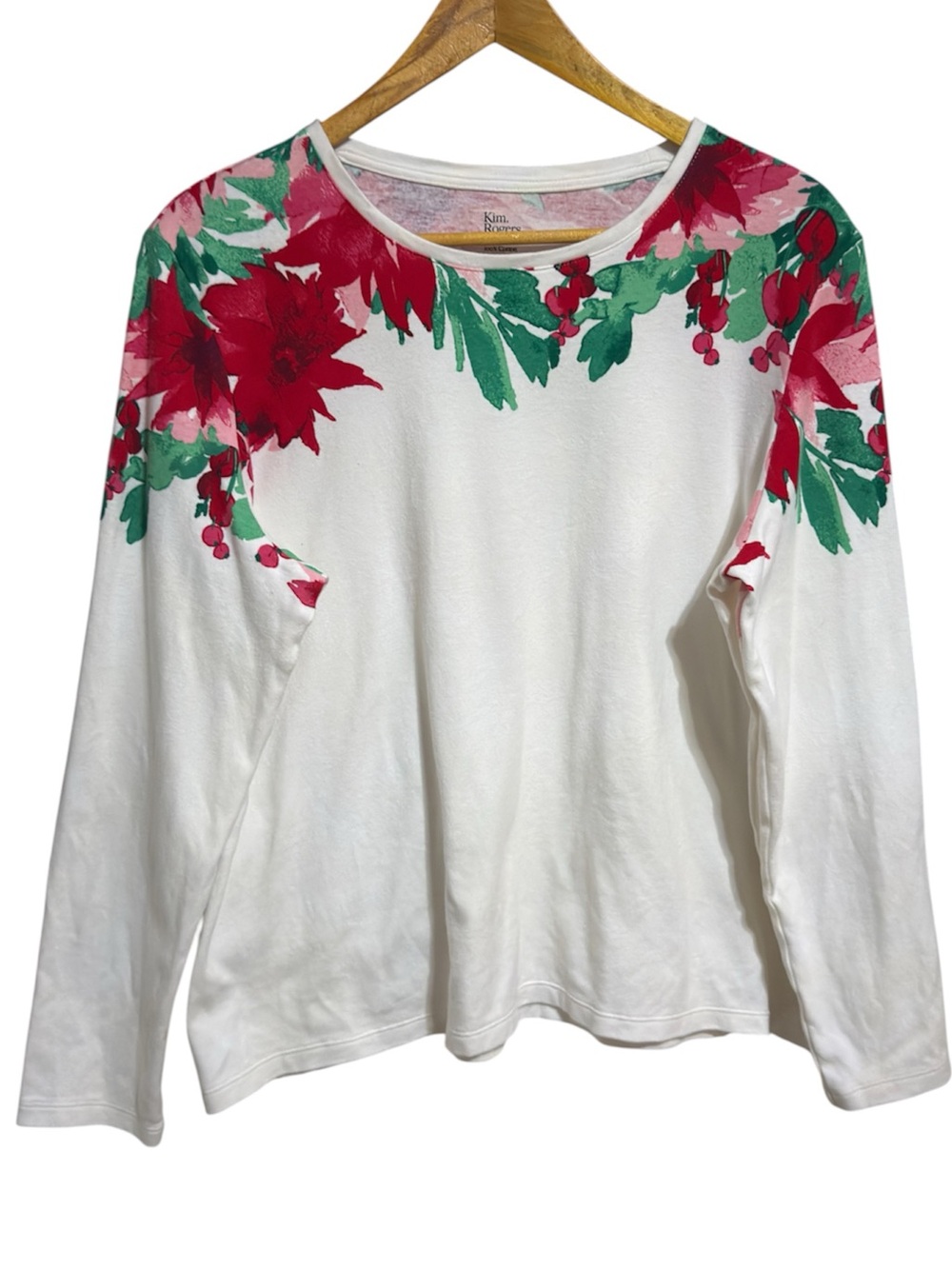 Kim Rogers white long sleeve tee w/red & green Christmas yoke Women’s PL | k